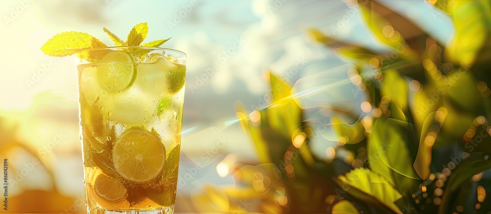 Poster invigorating mojito cocktail with a scenic copy space image.