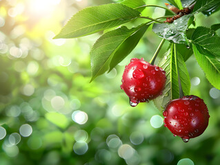 Ripe juicy cherries in droplets of water with green leaves. Neural network AI generated art