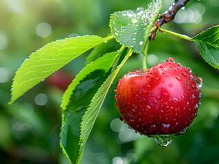 Ripe juicy cherries in droplets of water with green leaves. Neural network AI generated art