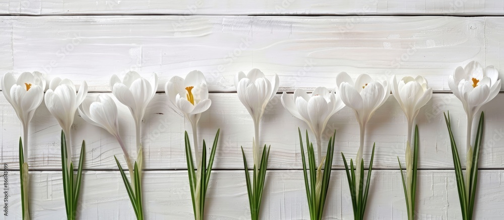 Aufkleber White crocuses displayed on a white wooden backdrop symbolize the arrival of spring and blooming flowers in copy space image.