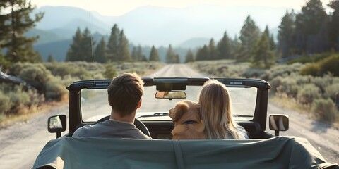 Couple with a Dog on a Road Trip. Concept Traveling Together, Pet-Friendly Adventures, On the Go, Memories with Furry Companion, Road Trip Lifestyle
