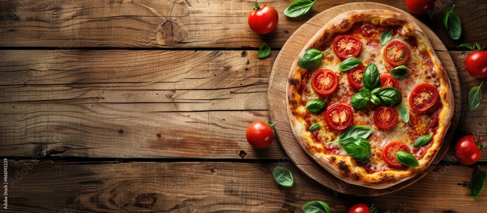 Poster Italian pizza displayed on a rustic wooden table with copy space image.