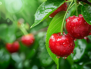 Ripe juicy cherries in droplets of water with green leaves. Neural network AI generated art