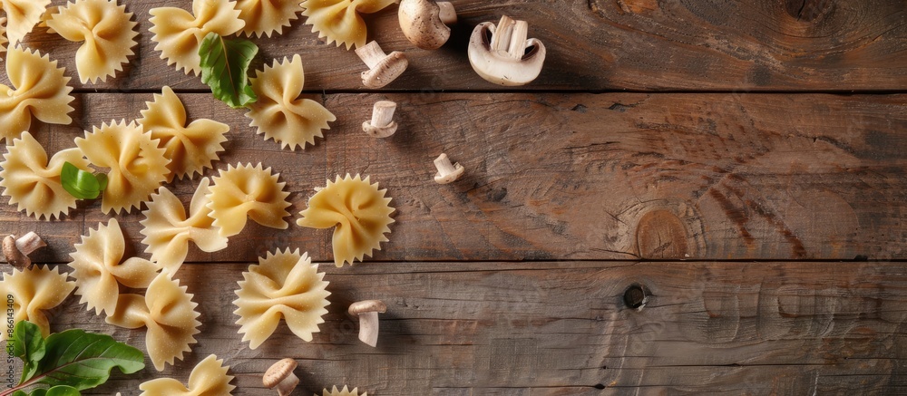 Poster a top-down view of farfalle pasta and mushrooms on a wooden surface, representing italian cuisine, w