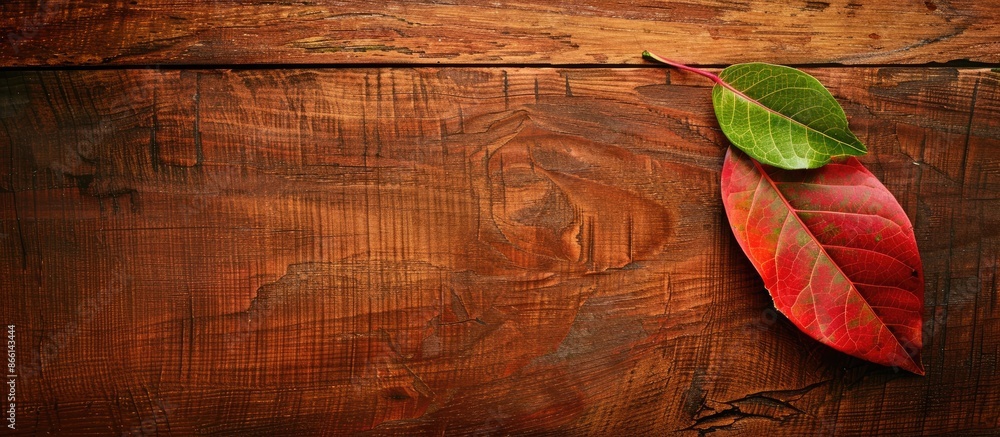 Aufkleber a leaf of a flower placed on a wooden table with a copy space image available.