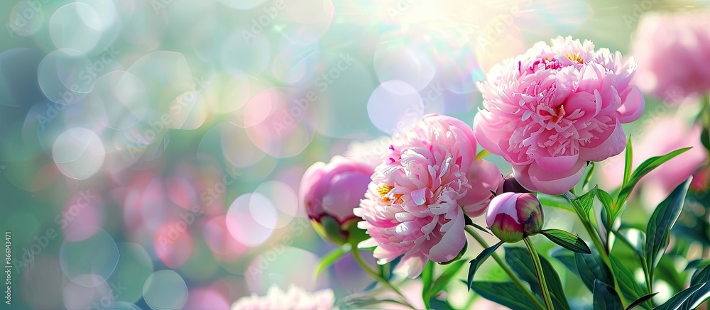 Poster close-up view of stunning peonies with a blurred background, providing copy space image.