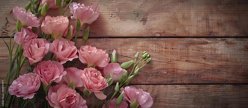 Aufkleber pink eustoma flowers are arranged on a wooden backdrop to create a charming display with copy space 
