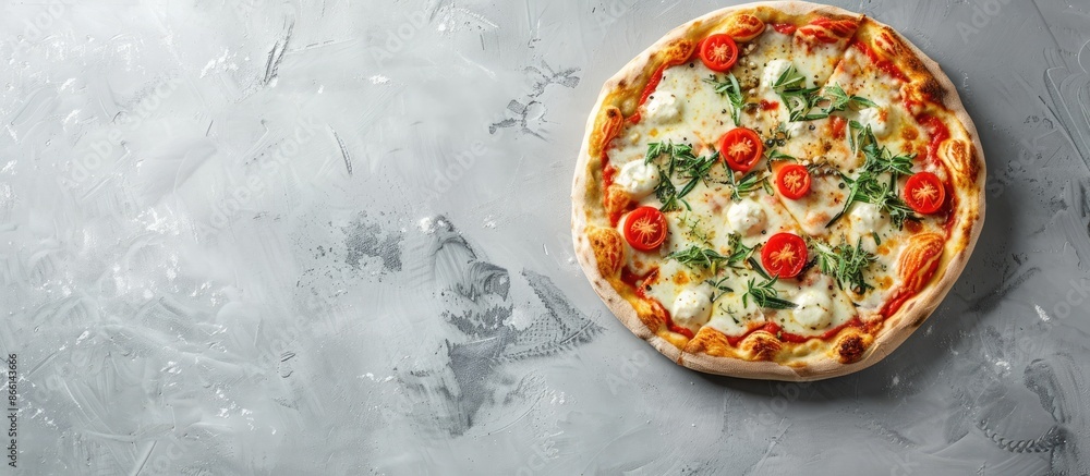 Poster top view of a mouthwatering organic tomato, fresh thyme, and mozzarella pizza on a grey backdrop wit