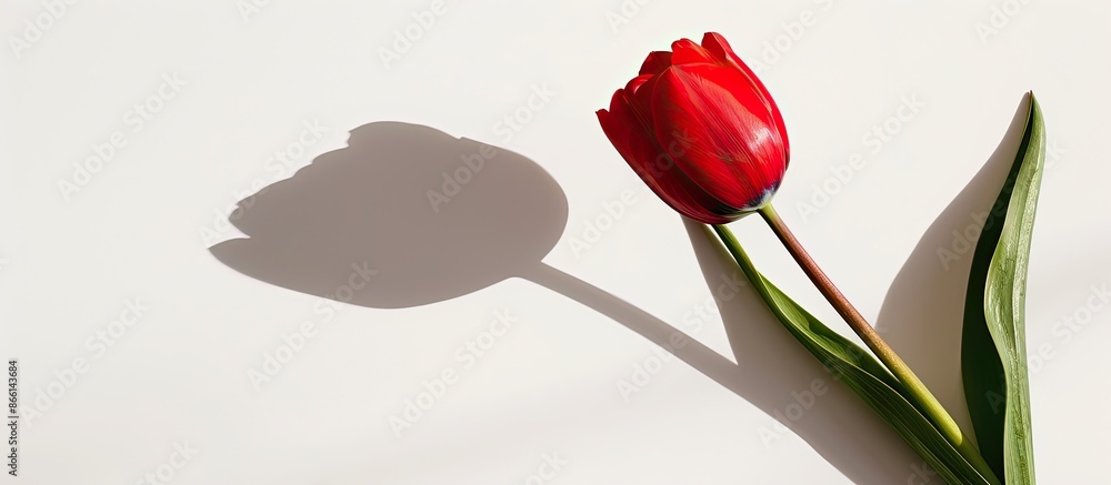 Poster isolated tulip flower casting a shadow on a white background, creating copy space image.