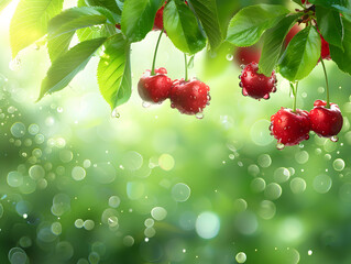 Ripe juicy cherries in droplets of water with green leaves. Neural network AI generated art