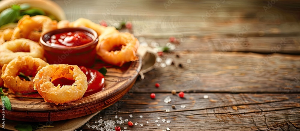 Poster wooden plate on table with a variety of delicious meal options like sauce, ketchup, and onion rings,