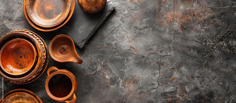 Poster top view of rustic clay dishes like pot, plates, and gravy boat on a stone table with ample copy spa