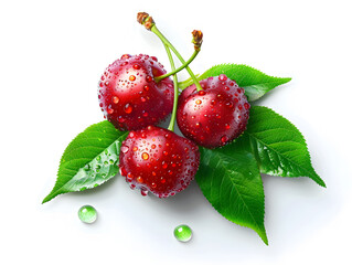 Ripe juicy cherries in droplets of water with green leaves. Neural network AI generated art