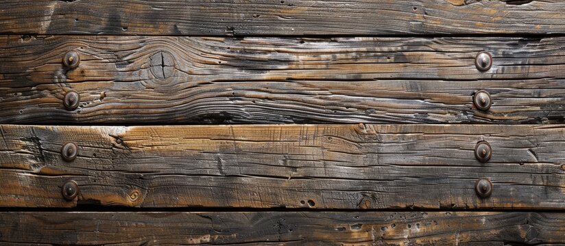 Rustic wooden plank background with weathered texture and rusty nails, ideal for design projects needing a copy space image.