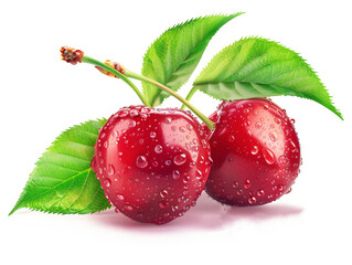 Ripe juicy cherries in droplets of water with green leaves. Neural network AI generated art