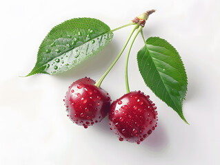 Ripe juicy cherries in droplets of water with green leaves. Neural network AI generated art
