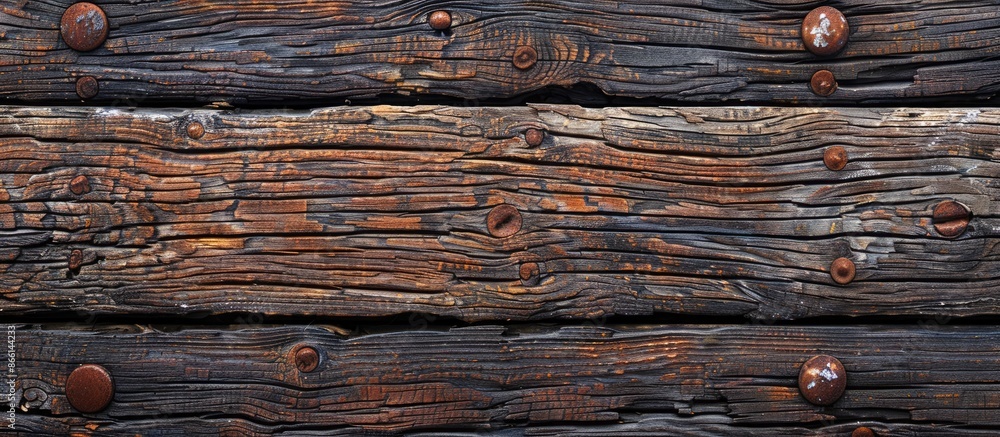 Fototapete Rustic wooden plank background with weathered texture and rusty nails, ideal for design projects needing a copy space image.