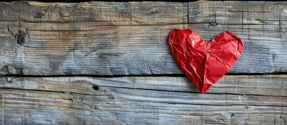 Poster valentine's day theme with a red heart paper on a wooden backdrop, perfect as a copy space image.