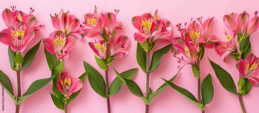 Poster alstroemeria flowers arranged on a pink background for a greeting card concept with top view and cop