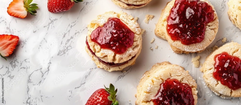 Poster partially consumed strawberry jam-topped biscuits shown in a copy space image.