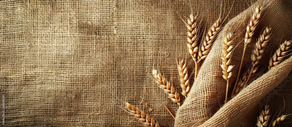 Poster Rustic scene with wheat ears on burlap backdrop including a canvas background for a copy space image.