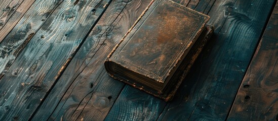 An antique book rests on a rustic wooden table with empty space around for a copy space image.