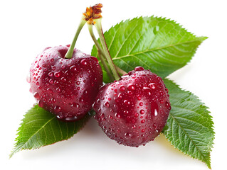 Ripe juicy cherries in droplets of water with green leaves. Neural network AI generated art