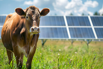 cow in front, solar panel in background, Animal meets technologie, renewable power source, green energy from sun	