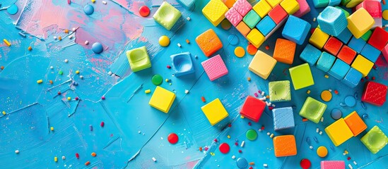 Colorful children's constructor with mosaic tiles, an educational preschool game, highlighted by vibrant toys and copy space image.