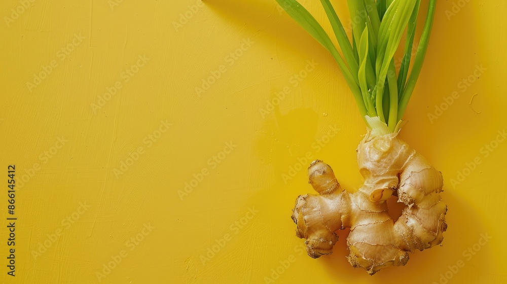 Aufkleber ginger root with green sprout on yellow background growing new idea top view with space for text foo