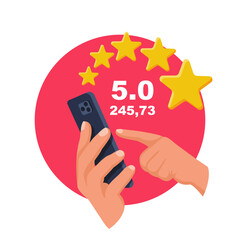 Smartphone in hands with rating. Feedback concept. Evaluation. Vector illustration flat design. Isolated on background. The client rates the service.
