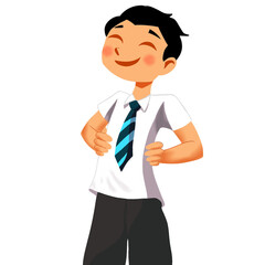 Happy Cartoon School Boy in White Shirt and Striped Tie with Hands on Hips- The boy is illustrated with a broad smile, rosy cheeks, and short black hair. He is dressed in a typical school uniform 