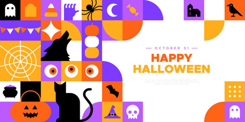 Happy halloween geometric mosaic web template illustration. Modern flat october holiday cartoon icon background, fun costume party online invitation. Spooky internet event banner. 