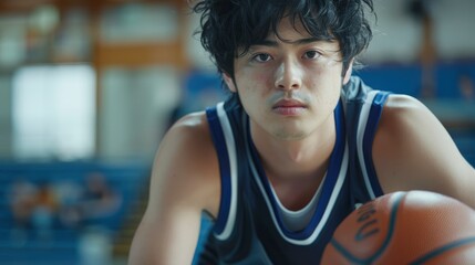 Japanese Male University Student Practicing Basketball In The Gym, High Quality Background