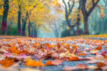 Brightly colored autumn leaves scattered on a pathway, with a softly blurred background of trees and a park.