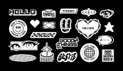 Trendy Y2K sticker illustration set. Retro 2000s text quote label collection. Funny futuristic tag with love heart, anime  cartoon and party message. Black and white gen z cyber style bundle.