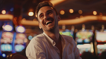 Obraz premium Happy man smiling in casino he won money with cinematic lighting. --ar 16:9 Job ID: bc184feb-40a6-4e15-89e4-87727f2cf635