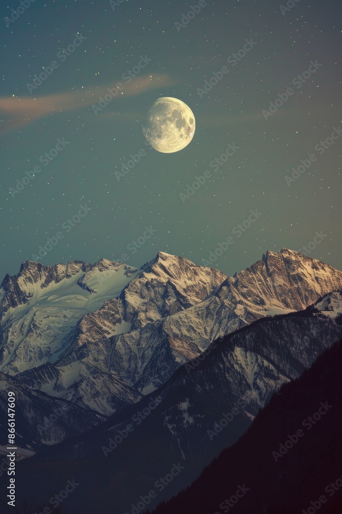 Wall mural The moon rising over a mountain range, with a softly blurred background of a twilight sky and stars.  - Wall murals