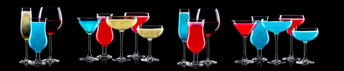 Set of different glasses for drinks and cocktails on black background