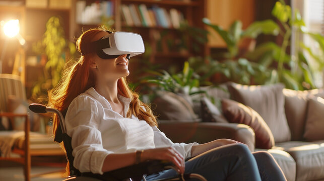 Woman in wheelchair using VR glasses at home, immersed in a virtual reality experience, showcasing accessibility in technology