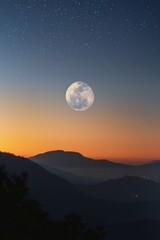 The moon rising over a mountain range, with a softly blurred background of a twilight sky and stars. 