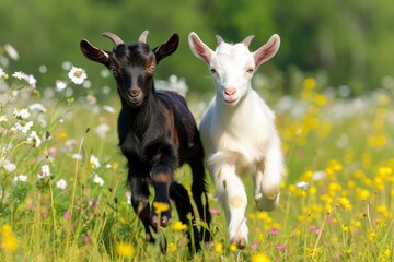Obraz premium two goats are running in the grass in spring. generative ai