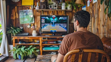 Man Watching Basketball On Tv, High Quality Background
