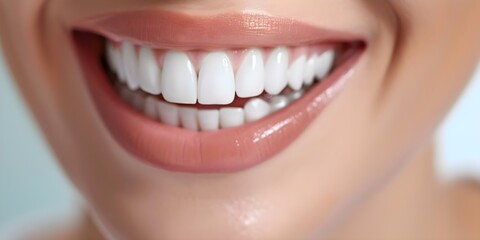 Obraz premium Enhancing Smiles Close-Up of Perfect White Teeth with Dental Veneers in a Smiling Woman. Concept Dental Veneers, Perfect White Teeth, Smiling Woman, Close-Up, Smile Enhancement