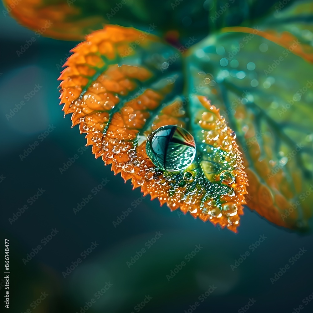 Poster Mesmerizing Macro Capture of a Dewdrop on a Vibrant Leaf Showcasing Intricate Reflections and Delicate Textures