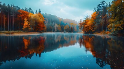 Fototapeta premium Vibrant Autumn Landscape with Serene Lake Reflection in Picturesque Woodland Scene