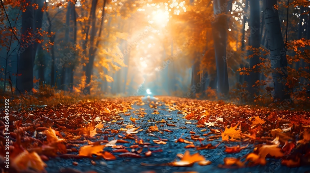Poster enchanting autumn forest path with vibrant fallen leaves and sunlight filtering through trees