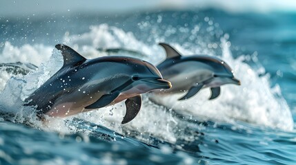 Fototapeta premium Energetic Dolphins Jumping Through Waves in Clear Blue Ocean Seascape