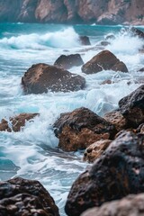 Waves crashing against rocks, with a softly blurred background of a rugged coastline and sea. 