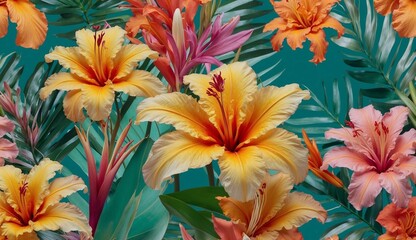 Fototapeta premium Vibrant tropical flowers with lush green leaves